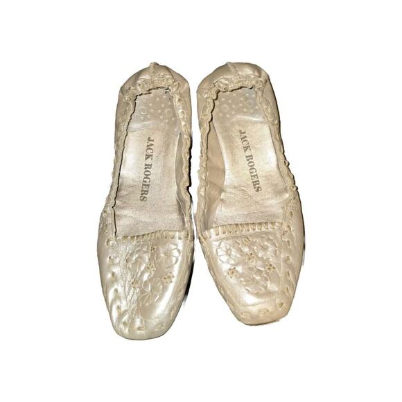 JACK ROGERS SZ 6M METALLIC CHAMPAGNE LEATHER BALLET FLATS FLORAL SHOES - Picture 2 of 7
